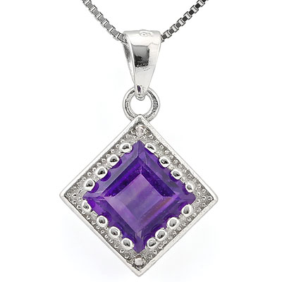 SMASHING 1.61 CARAT AMETHYST WITH DOUBLE GENUINE DIAMONDS PLATINUM OVER 0.925 STERLING SILVER PENDANT