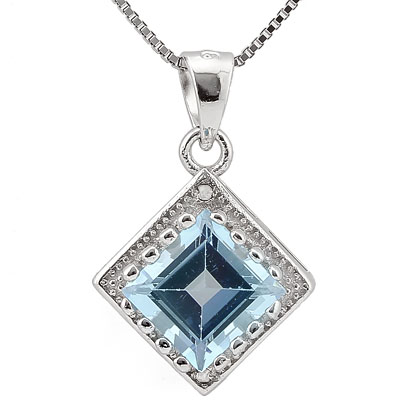 SMASHING 2.06 CARAT BLUE TOPAZ & DOUBLE GENUINE DIAMONDS PLATINUM OVER 0.925 STERLING SILVER PENDANT