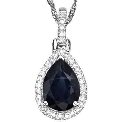 ROMANTIC 1.16 CT GENUINE BLACK SAPPHIRE DOUBLE WHITE DIAMOND 0.925 STERLING SILVER W/ PLATINUM PENDANT