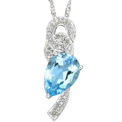 SPECIAL! 2.29 CT SKY BLUE TOPAZ DOUBLE WHITE DIAMOND 0.925 STERLING SILVER W/ PLATINUM PENDANT