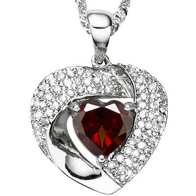 ASTONISHING 0.99 CT GARNET WITH DOUBLE GENUINE DIAMONDS PLATINUM OVER 0.925 STERLING SILVER PENDANT