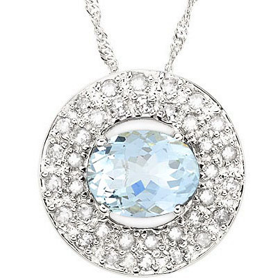 ALLURING 1.00 CT AQUAMARINE WITH DOUBLE GENUINE DIAMONDS 0.925 STERLING SILVER W/ PLATINUM PENDANT