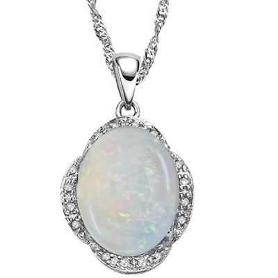 GRACEFUL! MAGICAL MOONLIGHT CREATED FIRE OPAL DOUBLE WHITE DIAMOND 0.925 STERLING SILVER W/ PLATINUM PENDANT
