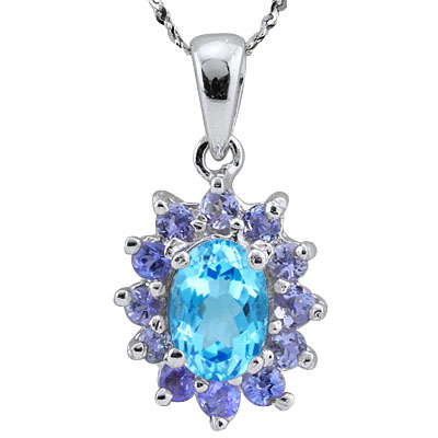 EXCELLENT 1.32 CARAT BLUE TOPAZ & GENUINE TANZANITE PLATINUM OVER 0.925 STERLING SILVER PENDANT
