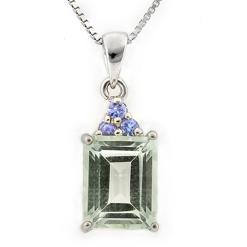 MAGNIFICENT 2.00 CT GREEN AMETHYST & 3 PCS GENUINE TANZANITE 0.925 STERLING SILVER W/ PLATINUM PENDANT