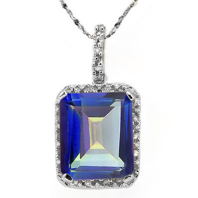 BRILLIANT 5.13 CARAT BLUE MYSTIC GEMSTONE & DOUBLE GENUINE DIAMONDS PLATINUM OVER 0.925 STERLING SILVER PENDANT