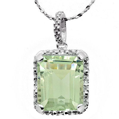 EXQUISITE 5.26 CARAT GREEN AMETHYST WITH DOUBLE GENUINE DIAMONDS PLATINUM OVER 0.925 STERLING SILVER PENDANT