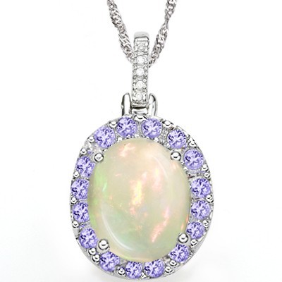 GORGEOUS! 3.86 CT LAB OPAL & 16 PCS GENUINE TANZANITE 0.925 STERLING SILVER W/ PLATINUM PENDANT