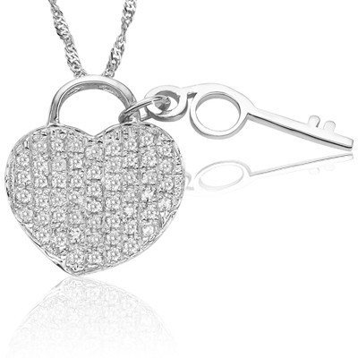 KEY & LOVE! 6 PCS GENUINE WHITE DIAMOND 0.925 STERLING SILVER W/ PLATINUM PENDANT