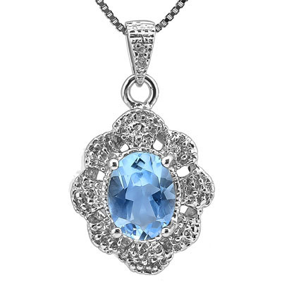 CHARMING 1.46 CARAT BLUE TOPAZ WITH DOUBLE GENUINE DIAMONDS PLATINUM OVER 0.925 STERLING SILVER PENDANT