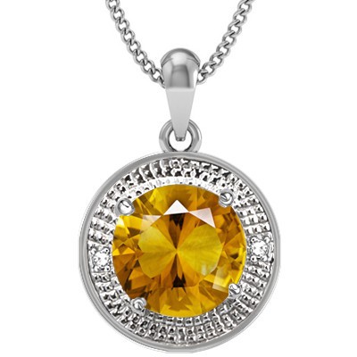 SPLENDID GOLDEN YELLOW CITRINE 2PCS WHITE DIAMOND 0.925 STERLING SILVER W/ PLATINUM PENDANT