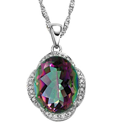 AMAZING 5.50 CT MYSTIC TOPAZ WITH DOUBLE DIAMONDS 0.925 STERLING SILVER W/ PLATINUM PENDANT