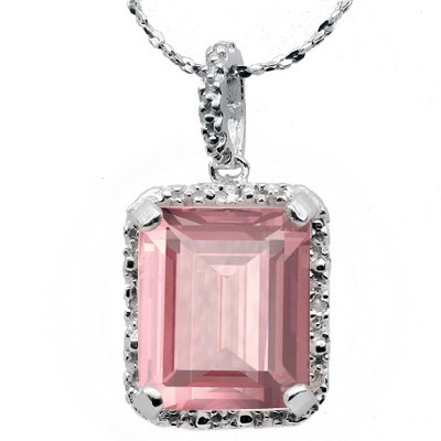 ELITE 5.50 CT ROSE QUARTS WITH DOUBLE DIAMOND 0.925 STERLING SILVER W/ PLATINUM PENDANT