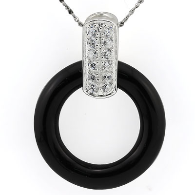 EXQUISITE BLACK AGATE & WHITE SWAROVSKI CRYSTAL WHITE GERMAN SILVER PENDANT