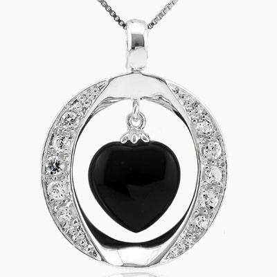 ELEGANT BLACK AGATE & WHITE SWAROVSKI CRYSTAL WHITE GERMAN SILVER PENDANT