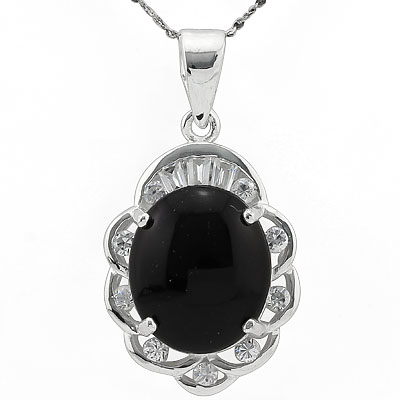 EXCLUSIVE BLACK JADE & WHITE SWAROVSKI CRYSTAL WHITE GERMAN SILVER PENDANT