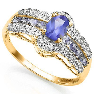 （See Video Inside）DAZZLING 0.73 CT GENUINE TANZANITE & 24 PCS WHITE DIAMOND  14K SOLID YELLOW GOLD RING