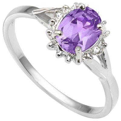 ELEGANT 0.51 CARAT AMETHYST WITH DOUBLE GENUINE DIAMONDS PLATINUM OVER 0.925 STERLING SILVER RING