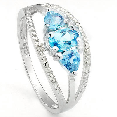 DAZZLING 1.21 CARAT BLUE TOPAZ WITH DOUBLE GENUINE DIAMONDS PLATINUM OVER 0.925 STERLING SILVER RING