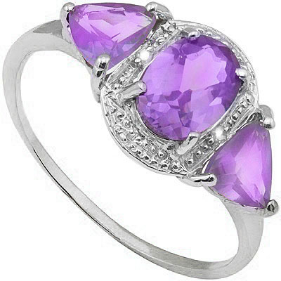 EXCLUSIVE 0.45 CT AMETHYST WITH DOUBLE GENUINE DIAMONDS PLATINUM OVER 0.925 STERLING SILVER RING