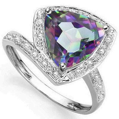 PERFECT 3.16 CARAT MYSTIC GEMSTONE WITH DOUBLE GENUINE DIAMONDS PLATINUM OVER 0.925 STERLING SILVER RING