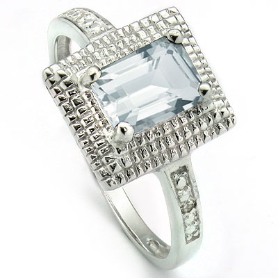 SPECTACULAR 0.85 CARAT AQUAMARINE WITH DOUBLE GENUINE DIAMONDS PLATINUM OVER 0.925 STERLING SILVER RING