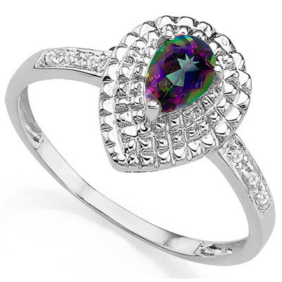 EXCELLENT 0.33 CARAT MYSTIC GEMSTONE & DOUBLE GENUINE DIAMONDS PLATINUM OVER 0.925 STERLING SILVER RING