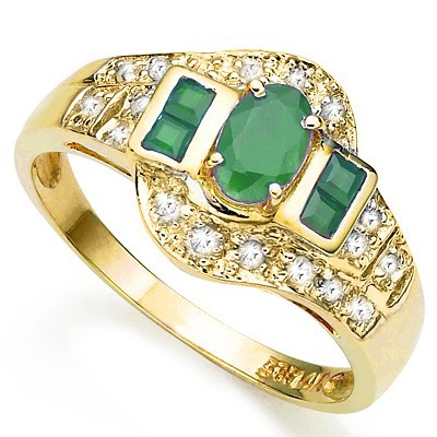 ELITE 0.58 CT GENUINE EMERALD & 20 PCS WHITE DIAMOND  14K SOLID YELLOW GOLD RING