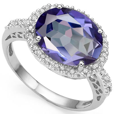 ELEGANT 4.50 CT VIOLET MYSTIC GEMSTONE WITH DOUBLE GENUINE DIAMONDS PLATINUM OVER 0.925 STERLING SILVER RING