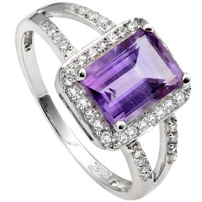 STUNNING 1.45 CT AMETHYST & 28 PCS CREATED WHITE SAPPHIRE 0.925 STERLING SILVER W/ PLATINUM RING