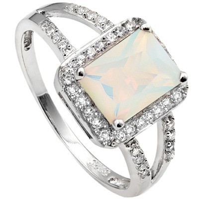 GORGEOUS 1.5 CT LAB OPAL & 28 PCS CREATED WHITE SAPPHIRE 0.925 STERLING SILVER W/ PLATINUM RING
