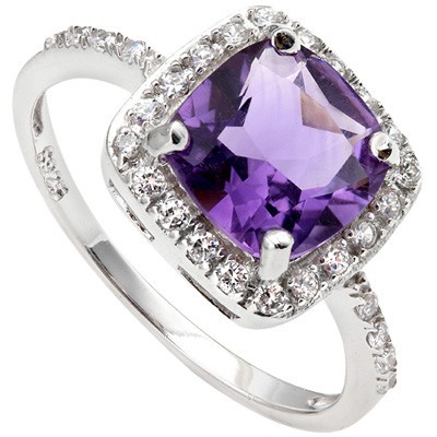 SPECTACULAR 1.31 CT AMETHYST & 24 PCS CREATED WHITE SAPPHIRE 0.925 STERLING SILVER W/ PLATINUM RING