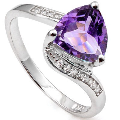DELICATE 1.46 CT AMETHYST & 12 PCS CREATED WHITE SAPPHIRE 0.925 STERLING SILVER W/ PLATINUM RING