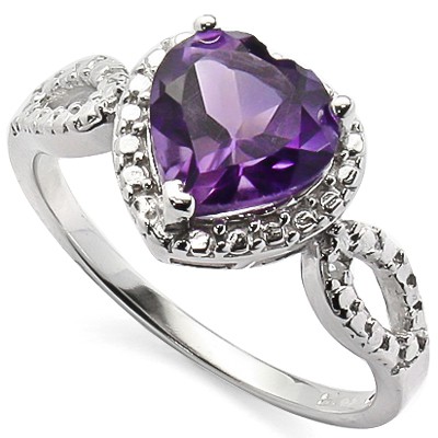 LOVELY 1.5 CARAT AMETHYST & DOUBLE GENUINE DIAMONDS PLATINUM OVER 0.925 STERLING SILVER RING