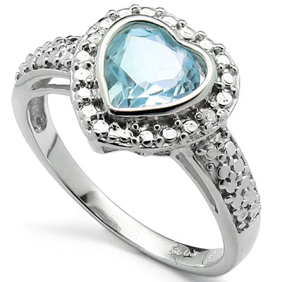 EXCELLENT 1.33 CARAT BLUE TOPAZ WITH DOUBLE GENUINE DIAMONDS PLATINUM OVER 0.925 STERLING SILVER RING