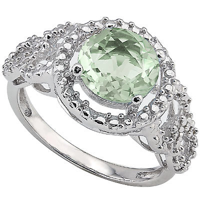 ALLURING 1.8 CARAT GREEN AMETHYST & DOUBLE GENUINE DIAMONDS PLATINUM OVER 0.925 STERLING SILVER RING
