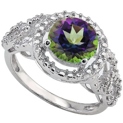 SPARKLING 2 CARAT MYSTIC GEMSTONE & DOUBLE GENUINE DIAMONDS PLATINUM OVER 0.925 STERLING SILVER RING