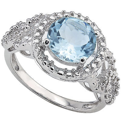 EXQUISITE 2.00 CT BLUE TOPAZ & 2 PCS GENUINE DIAMONDS 0.925 STERLING SILVER W/ PLATINUM RING