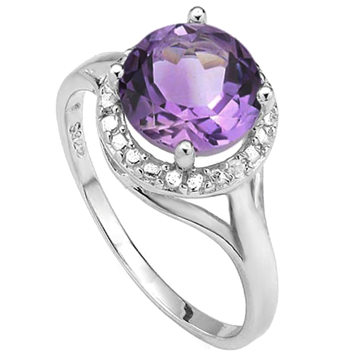 SPECTACULAR 1.72 CT AMETHYST WITH DOUBLE GENUINE DIAMONDS PLATINUM OVER 0.925 STERLING SILVER RING