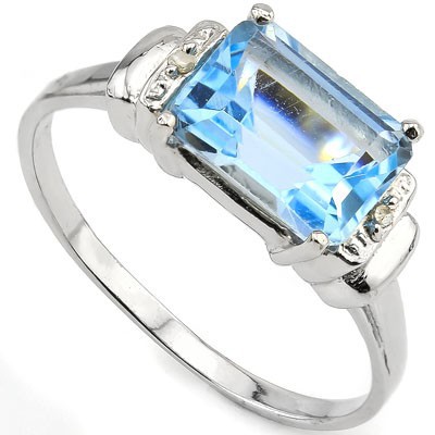 CLASSY 2.9 CARAT BLUE GEMSTONE WITH DOUBLE GENUINE DIAMONDS PLATINUM OVER 0.925 STERLING SILVER RING