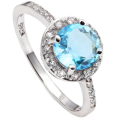 MARVELOUS! 1.65 CT BLUE TOPAZ & 20 PCS CREATED WHITE SAPPHIRE 0.925 STERLING SILVER W/ PLATINUM RING