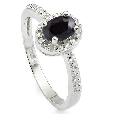 DAZZLING 0.55 CARAT GENUINE SAPPHIRE & DOUBLE GENUINE DIAMONDS PLATINUM OVER 0.925 STERLING SILVER RING