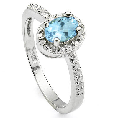 CLASSIC 0.6 CARAT BLUE TOPAZ WITH DOUBLE GENUINE DIAMONDS PLATINUM OVER 0.925 STERLING SILVER RING