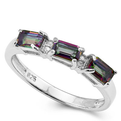 SMASHING 0.84 CARAT MYSTIC GEMSTONE WITH 4 PCS GENUINE DIAMONDS PLATINUM OVER 0.925 STERLING SILVER RING