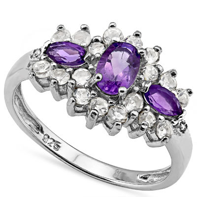 SMASHING 0.75 CARAT AMETHYST WITH GENUINE DIAMONDS PLATINUM OVER 0.925 STERLING SILVER RING