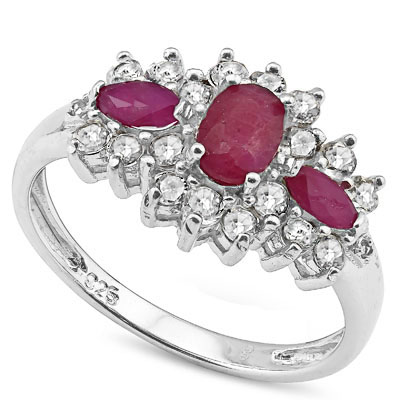 SMASHING 0.94 CT GENUINE RUBY WITH WHITE TOPAZ/ DIAMONDS PLATINUM OVER 0.925 STERLING SILVER RING