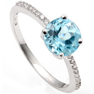 FLOSSY 1.50 CT SKY BLUE TOPAZ & 20 PCS CREATED WHITE SAPPHIRE 0.925 STERLING SILVER W/ PLATINUM RING