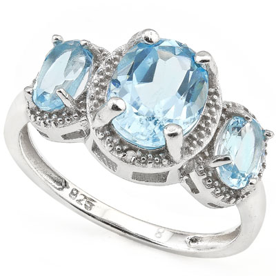 SMASHING 3.60 CARAT BLUE TOPAZ & DOUBLE GENUINE DIAMONDS PLATINUM OVER 0.925 STERLING SILVER RING