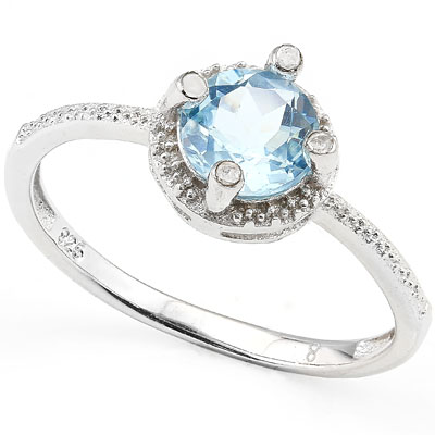 SMASHING 1.04 CARAT BLUE TOPAZ WITH GENUINE DIAMONDS PLATINUM OVER 0.925 STERLING SILVER RING