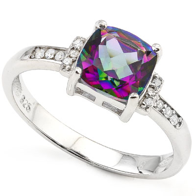 SMASHING 1.51 CARAT MYSTIC GEMSTONE WITH DOUBLE GENUINE DIAMONDS PLATINUM OVER 0.925 STERLING SILVER RING